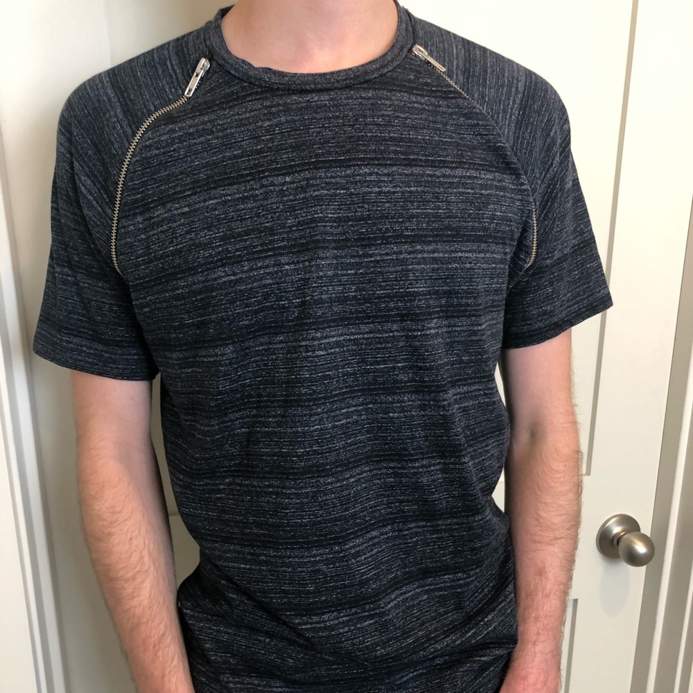 Guess Navy Abstract Striped T-Shirt with Zipper Accent